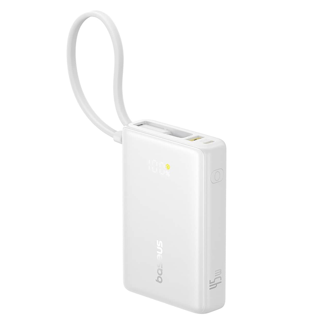 Baseus PicoGo 10000mAh 45W powerbank med indbygget kabel og display – hvid