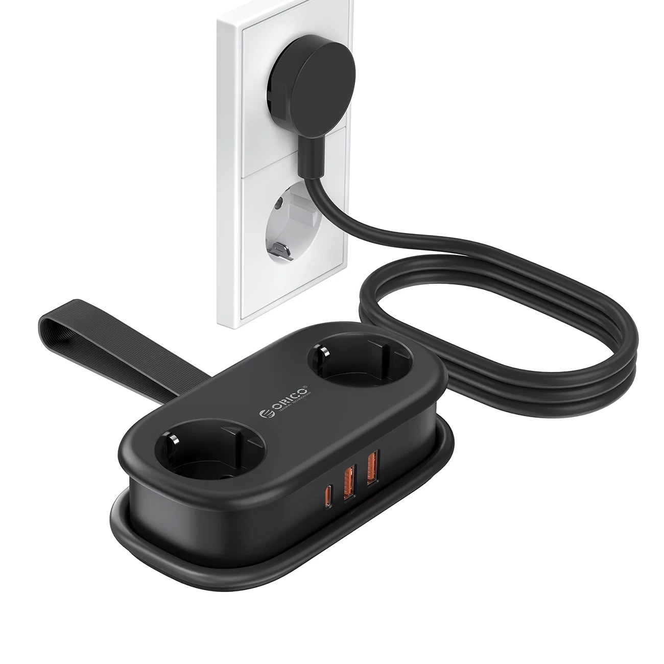 Orico APP 15,5 W 5-i-1 stikdåse 2x stikkontakt + 2x USB-A + 1x USB-C – Sort
