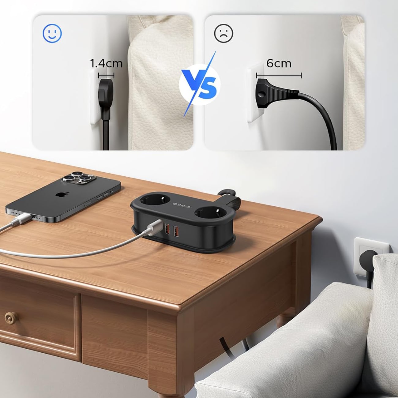 Orico AP3 20 W 5-i-1-stikdåse 2x vekselstrøm + 2x USB-A + 1x USB-C – Svart / Opladningsstikdåse