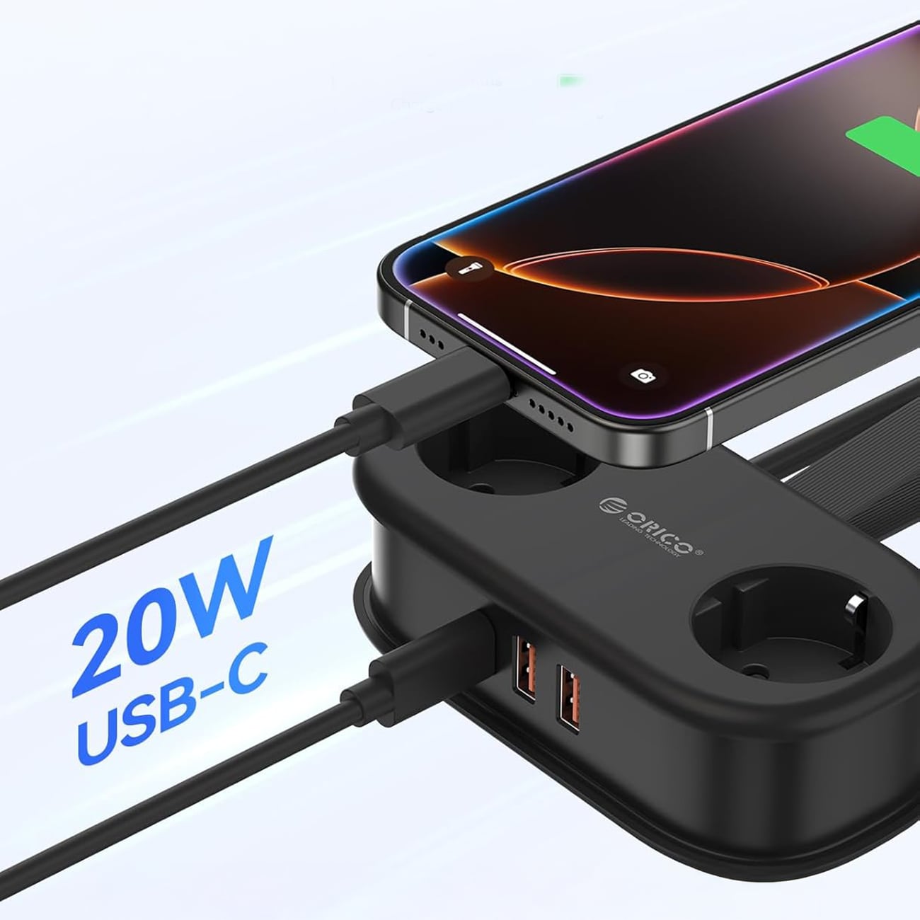 Orico AP3 20 W 5-i-1-stikdåse 2x vekselstrøm + 2x USB-A + 1x USB-C – Svart / Opladningsstikdåse