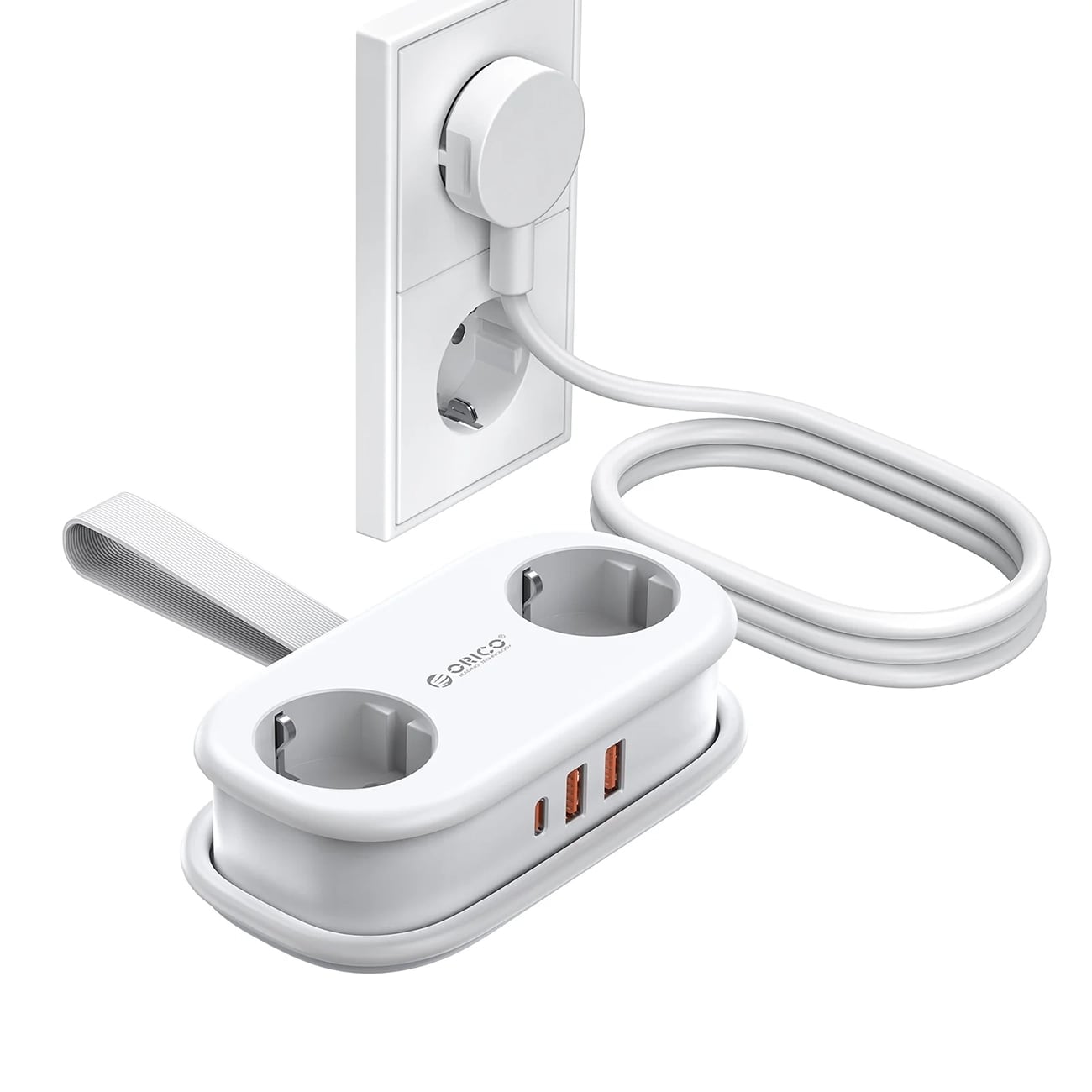 Orico APP 15,5 W 5-i-1 stikdåse 2x stikkontakt + 2x USB-A + 1x USB-C – hvid