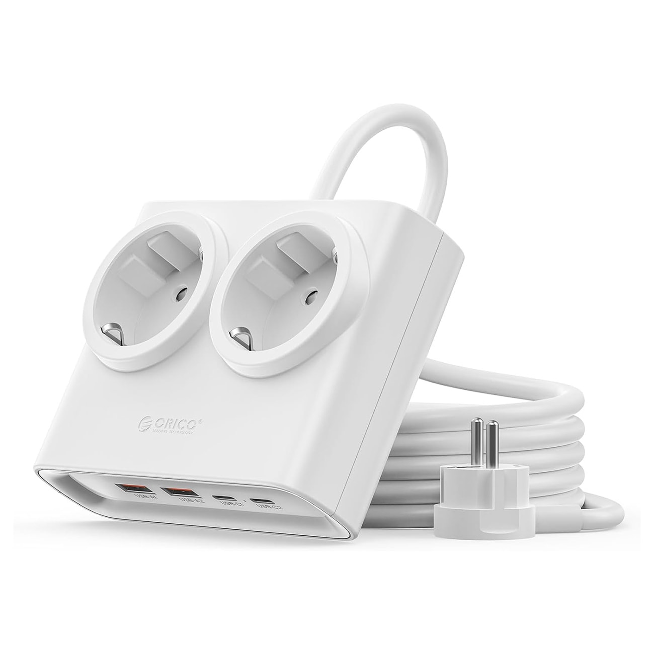 Orico PDC25 25 W 6-i-1 stikdåse 2x vekselstrøm + 2x USB-A + 2x USB-C – hvid