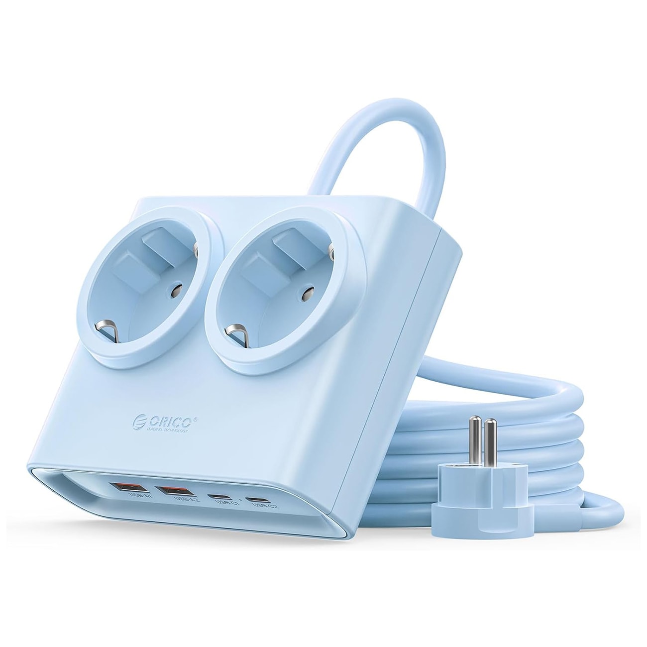 Orico PDC25 25 W 6-i-1 stikdåse 2x vekselstrøm + 2x USB-A + 2x USB-C – Blå