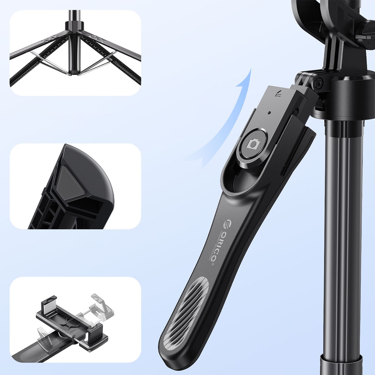 Selfiestang Orico SPN185 1/4" stativ til mobilkamera m. 360° rotation og Bluetooth 5.2 – sort