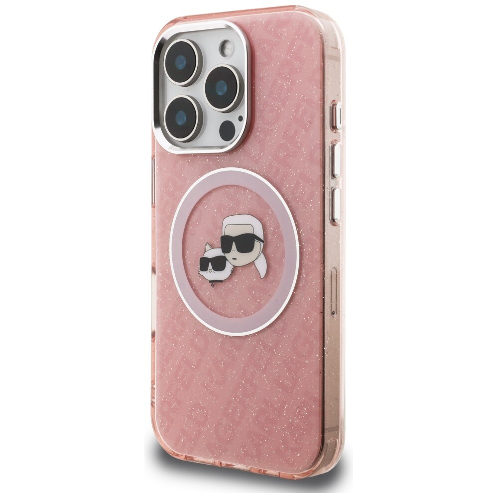 Karl Lagerfeld IML-glitter-etui m. Karl & Choupette-logo og MagSafe til iPhone 16 Pro Max – lyserød