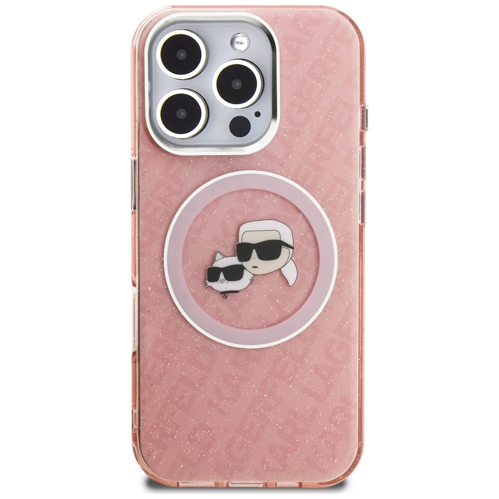 Karl Lagerfeld IML-glitter-etui m. Karl & Choupette-logo og MagSafe til iPhone 16 Pro Max – lyserød