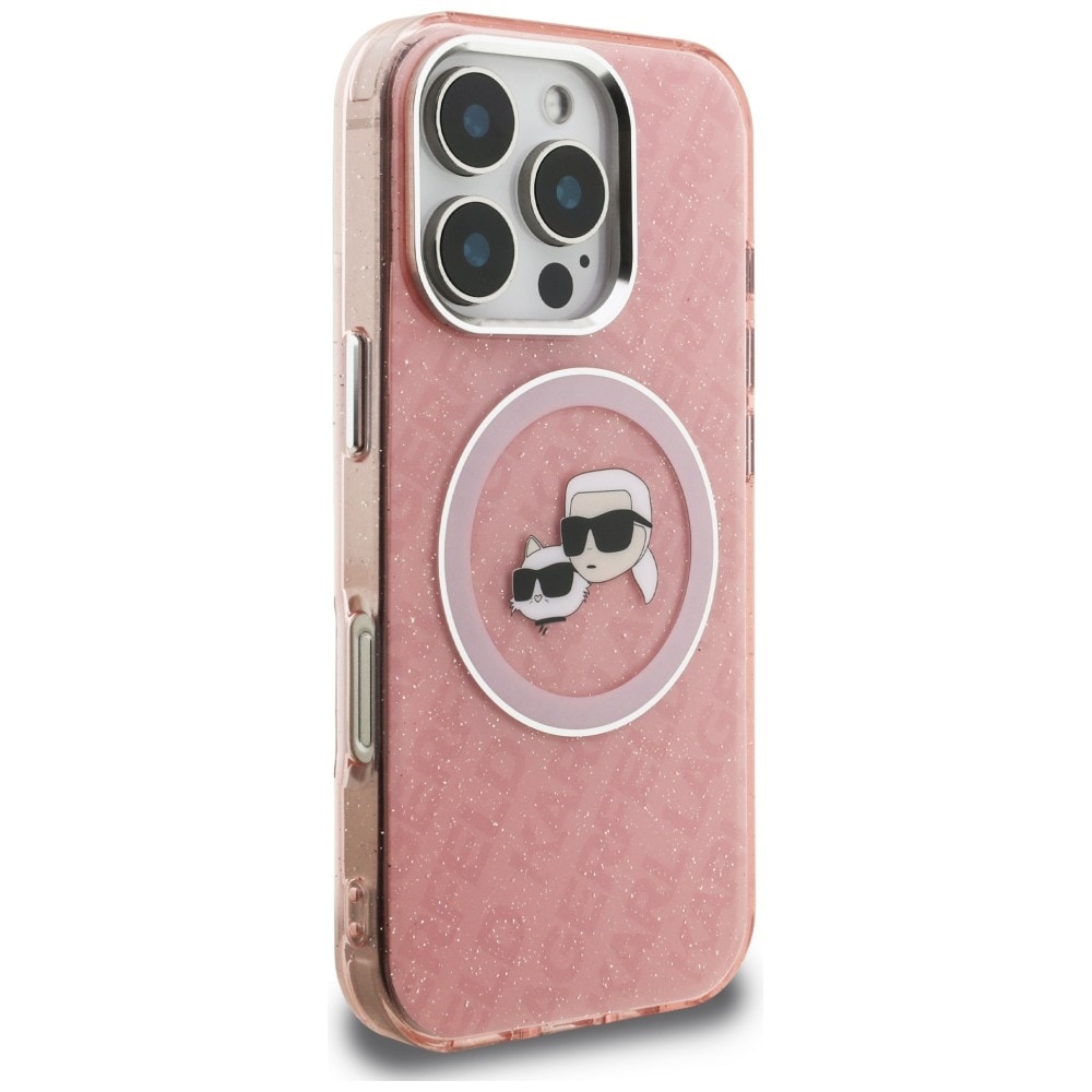 Karl Lagerfeld IML-glitter-etui m. Karl & Choupette-logo og MagSafe til iPhone 16 Pro Max – lyserød