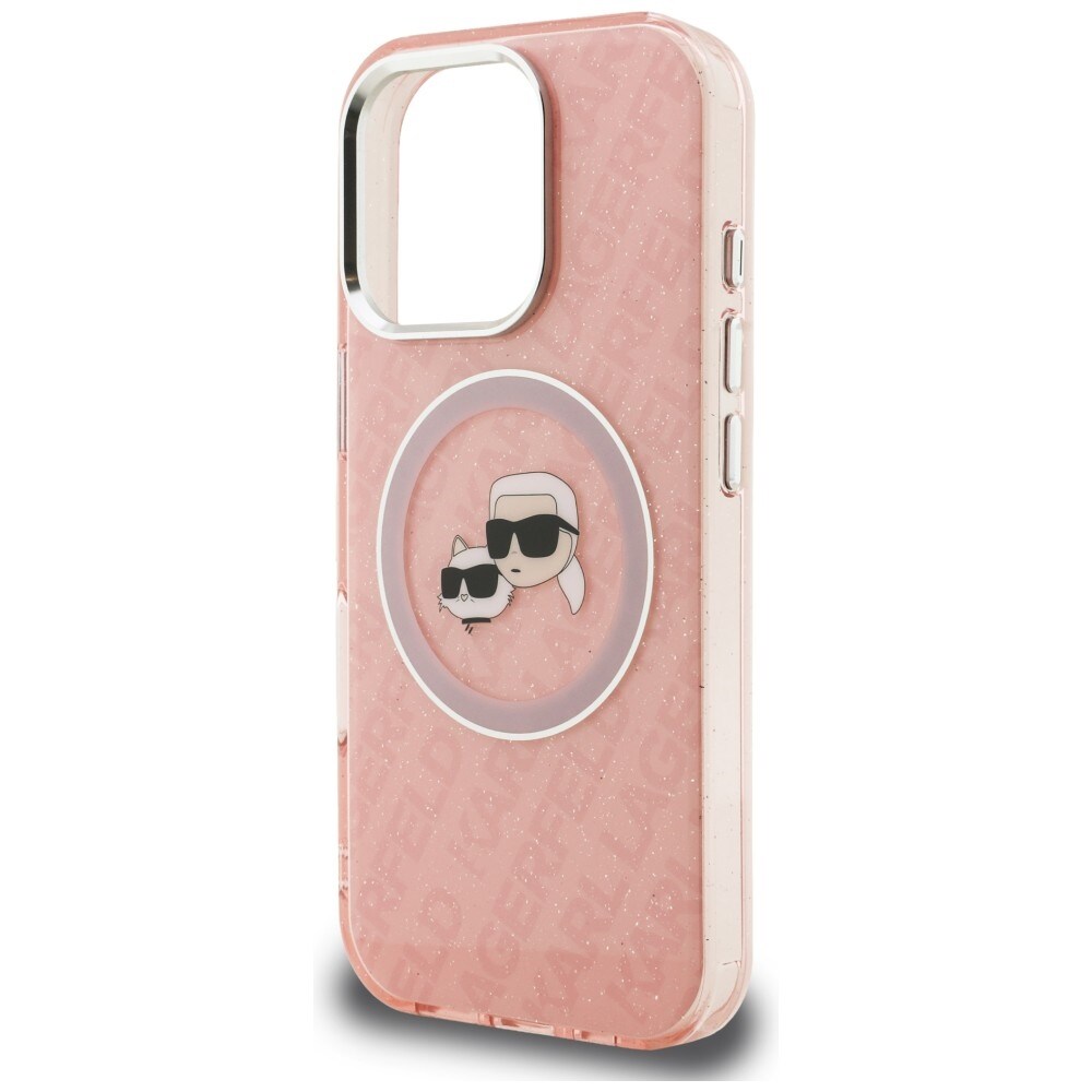 Karl Lagerfeld IML-glitter-etui m. Karl & Choupette-logo og MagSafe til iPhone 16 Pro Max – lyserød