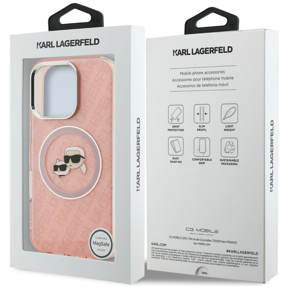 Karl Lagerfeld IML-glitter-etui m. Karl & Choupette-logo og MagSafe til iPhone 16 Pro Max – lyserød