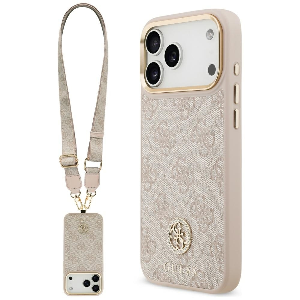 Guess 4G Strass-logo & bred rem med metalknapper – MagSafe-etui til iPhone 17 Pro Max – lyserød