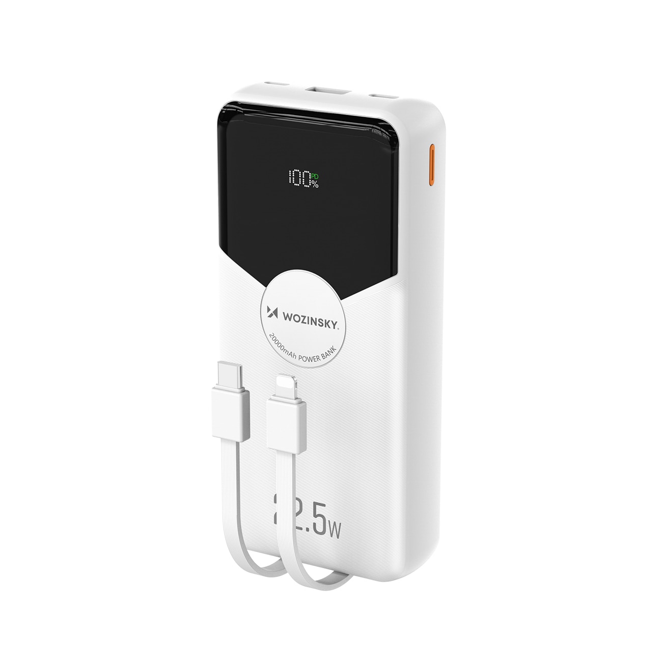 Wozinsky WFC-15W 20 000 mAh 22,5 W PD20W powerbank med indbyggede Lightning- og USB-C-kabler – hvid