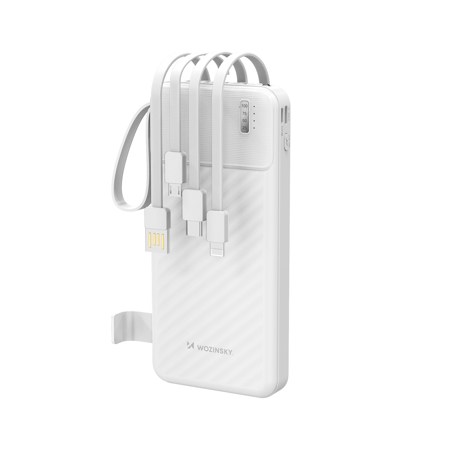 Wozinsky W11-W 10 000 mAh 10 W powerbank med indbyggede kabler og lommelygte – hvid