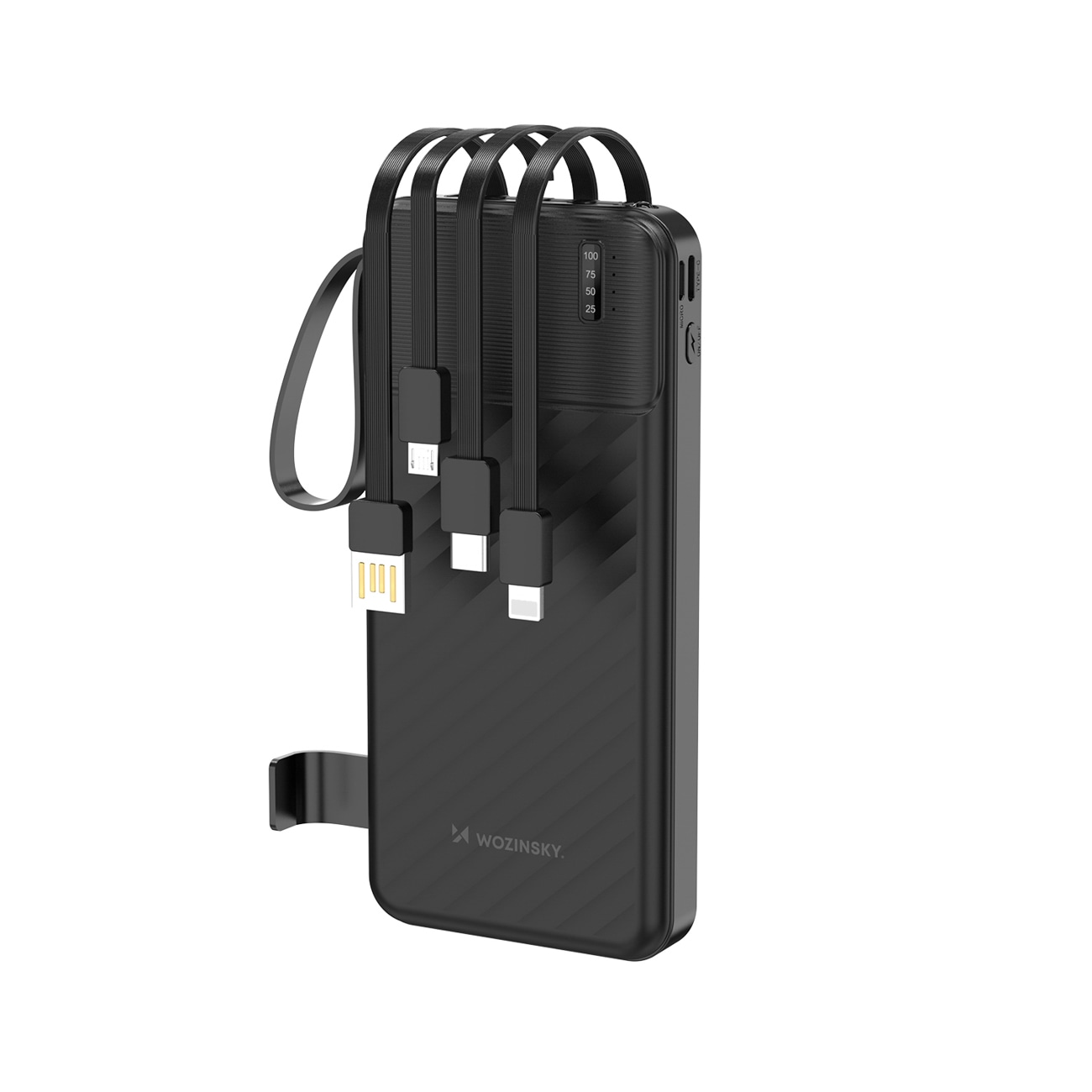 Wozinsky W11-B 10 000 mAh 10 W powerbank med indbyggede kabler og lommelygte – Svart