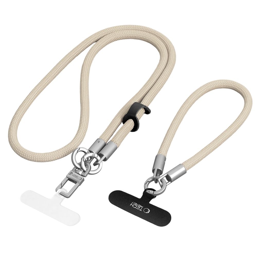 Tech-Protect C10S mobilrem til at bære over skulderen (114 cm) + håndledsrem (31 cm) – Beige Titanium