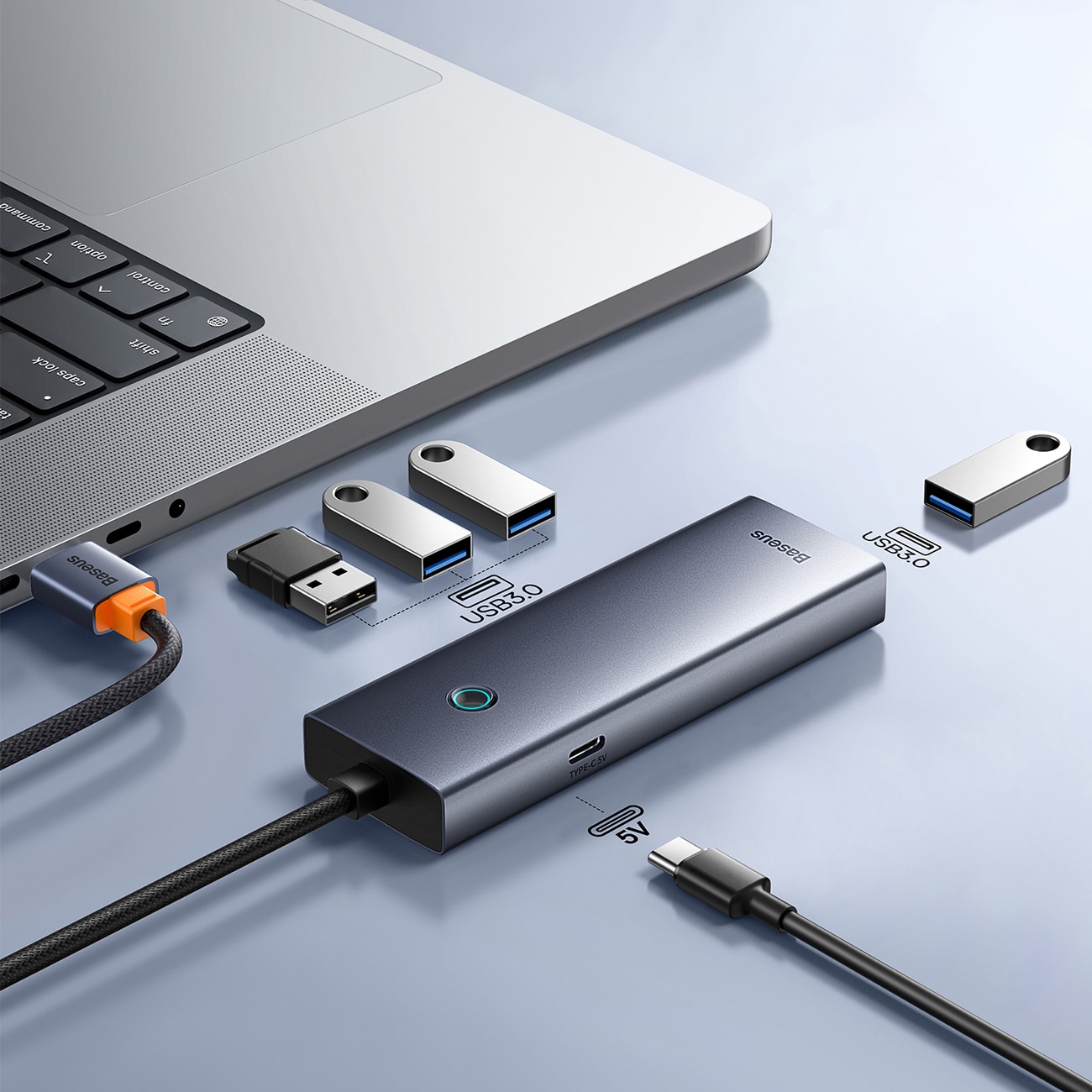 Baseus UltraJoy-serien USB-A-hub 4xUSB-A 3.0 1xUSB-C 5V 50 cm – grå