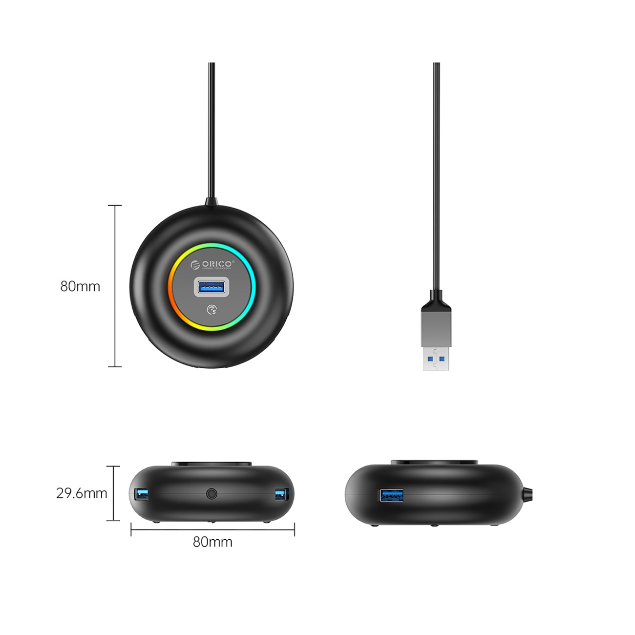 Orico YXR4-U3 RGB USB-hub med 4 USB-A 3.0-porte og lyd-/mikrofonport, 0,3 m – sort