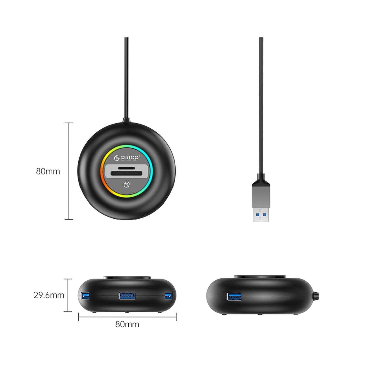 Orico YXR5-U3 RGB USB-hub med 4 USB-A 3.0-porte og SD- og microSD-kortlæser, 0,3 m – sort