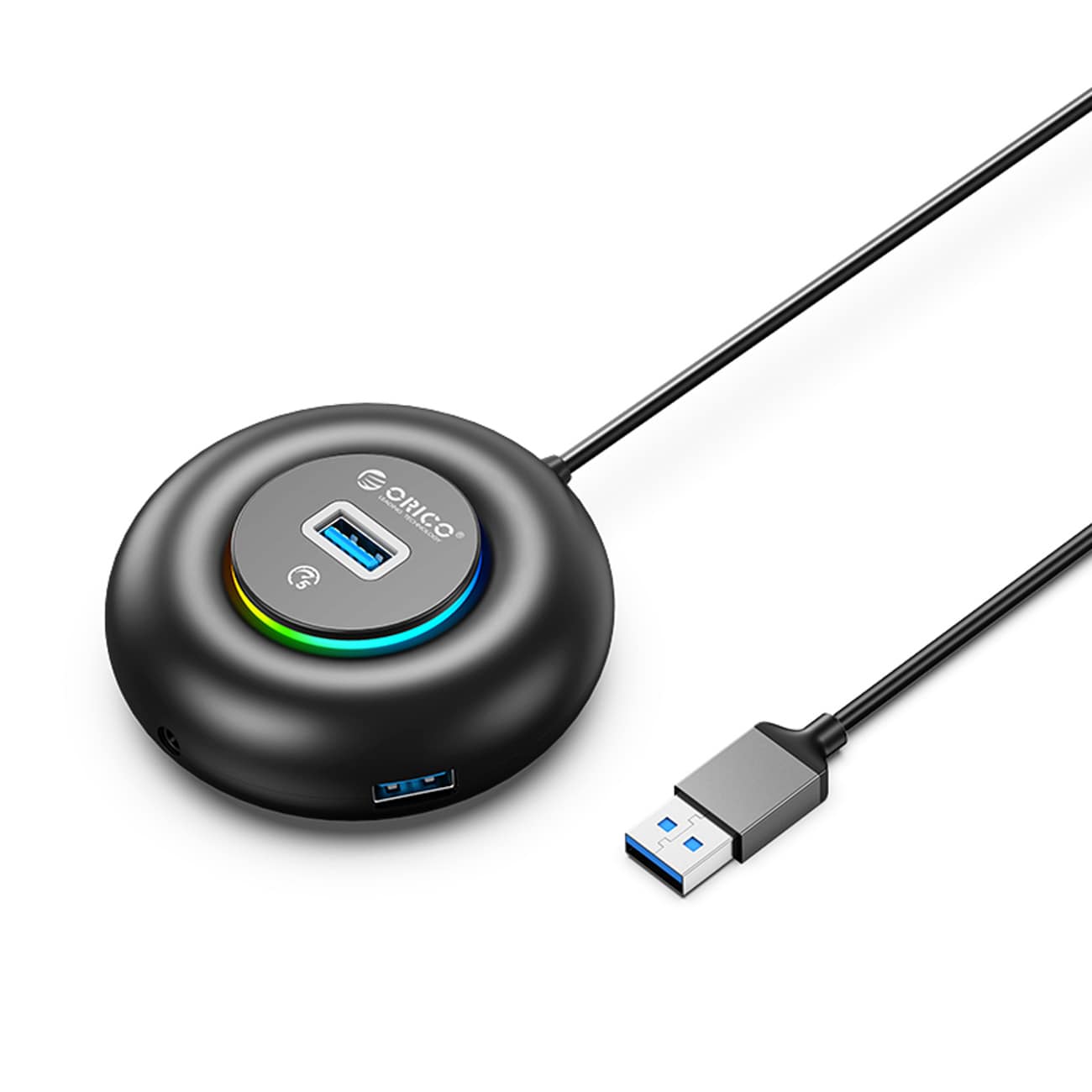 Orico YXR4-U3 RGB USB-hub med 4 USB-A 3.0-porte og lyd-/mikrofonport, 1,8 m – sort