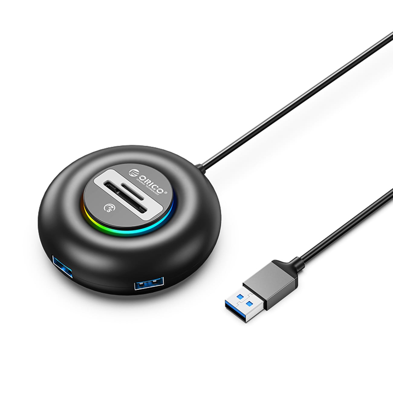 Orico YXR4 RGB USB-hub med 4 USB-A 3.0-porte og SD- og microSD-kortlæser, 1,8 m – sort
