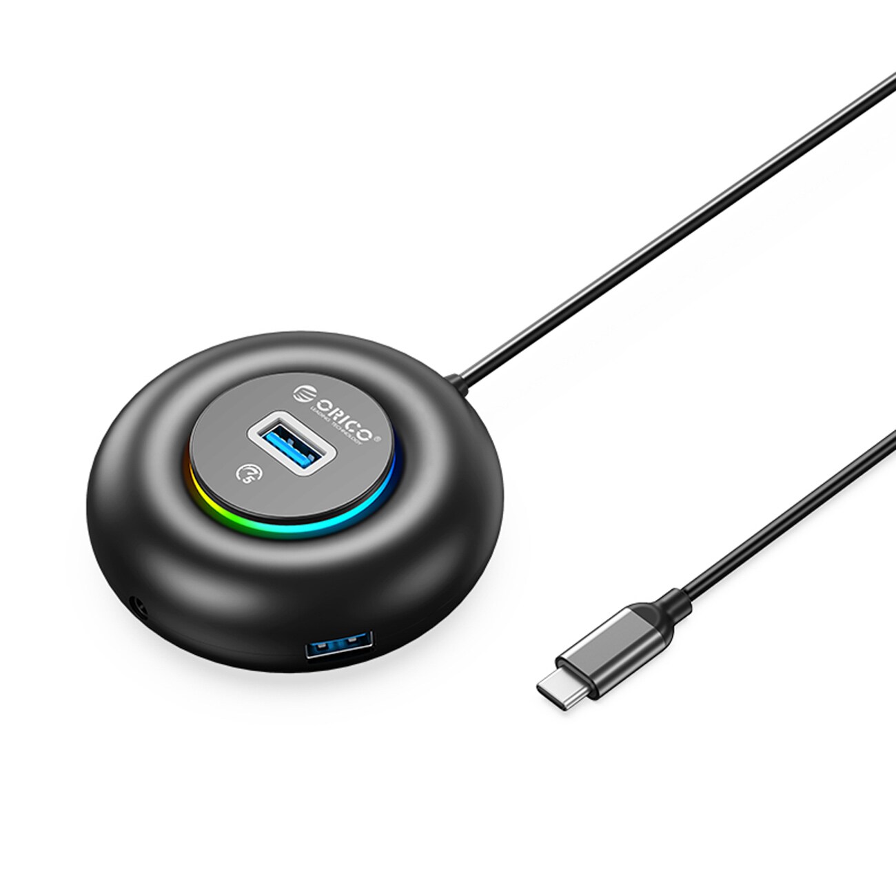 Orico YXR4-C3 RGB USB-hub med 4 USB-A 3.0-porte og lyd-/mikrofonport, 0,3 m – sort