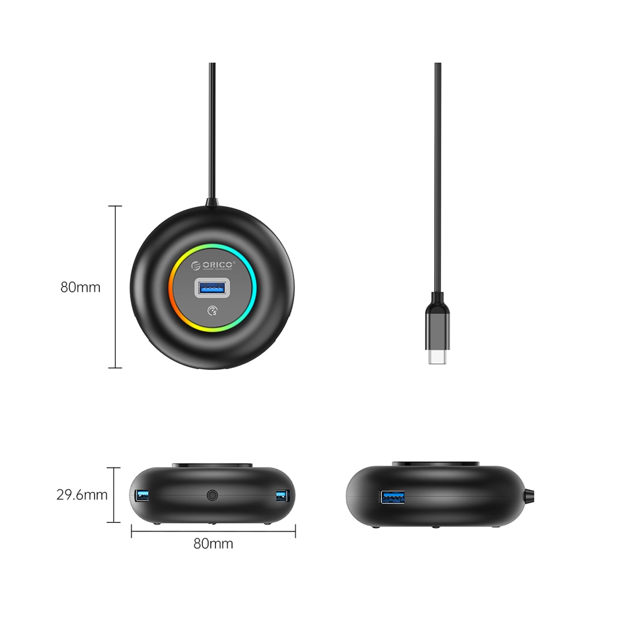 Orico YXR4-C3 RGB USB-hub med 4 USB-A 3.0-porte og lyd-/mikrofonport, 0,3 m – sort