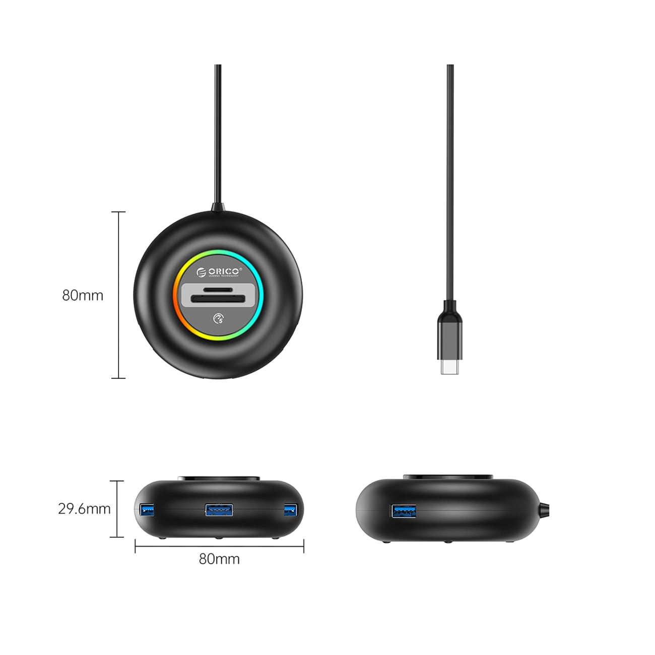 Orico YXR5-C3 USB-hub med 4 USB-A 3.0-porte og SD- og microSD-kortlæser, 0,3 m – sort