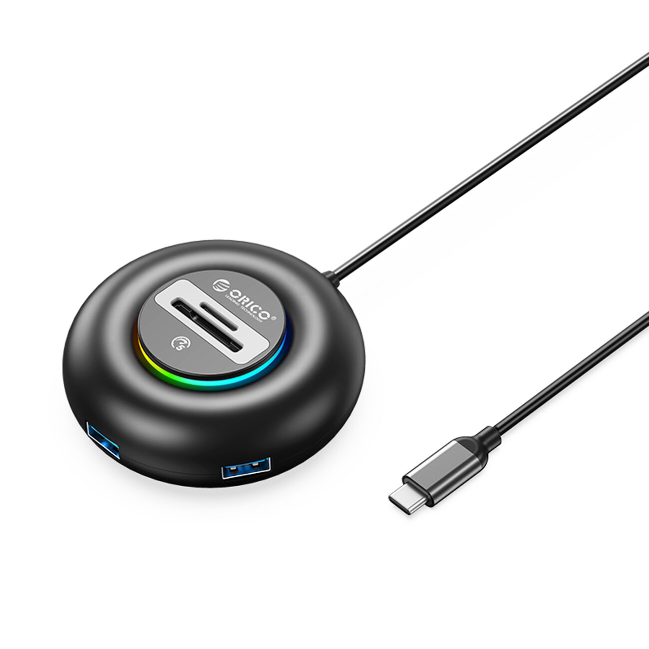Orico YXR5-C3 RGB USB-hub med 4 USB-A 3.0-porte og SD- og microSD-kortlæser, 1,8 m – sort
