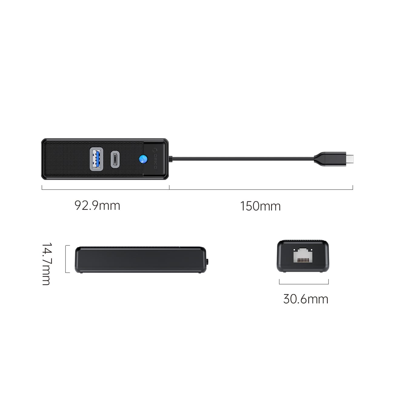 Orico PWCUR-C3 USB-hub 3 porte: USB-A 3.0, USB-C 3.0, RJ45 Gigabit Ethernet, 0,15 m – sort