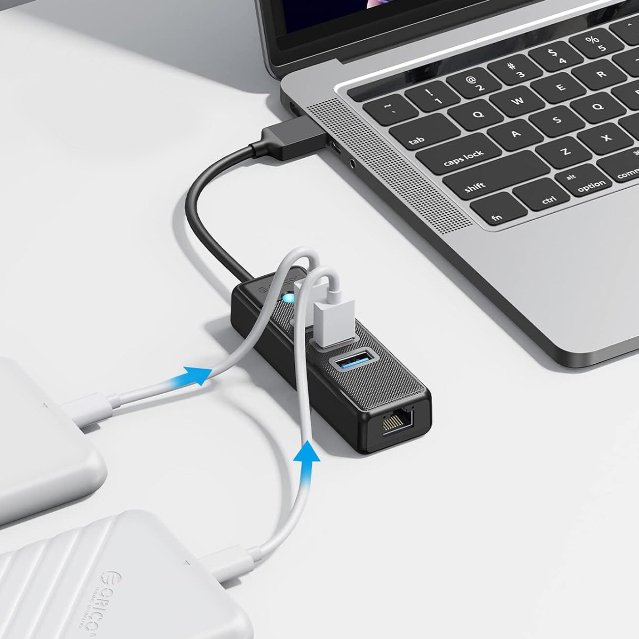 Orico PW3UR25-U3 USB-hub med 4 porte: 3 x USB-A 3.0 og 1 x RJ45 2,5G Ethernet, 0,15 m – sort