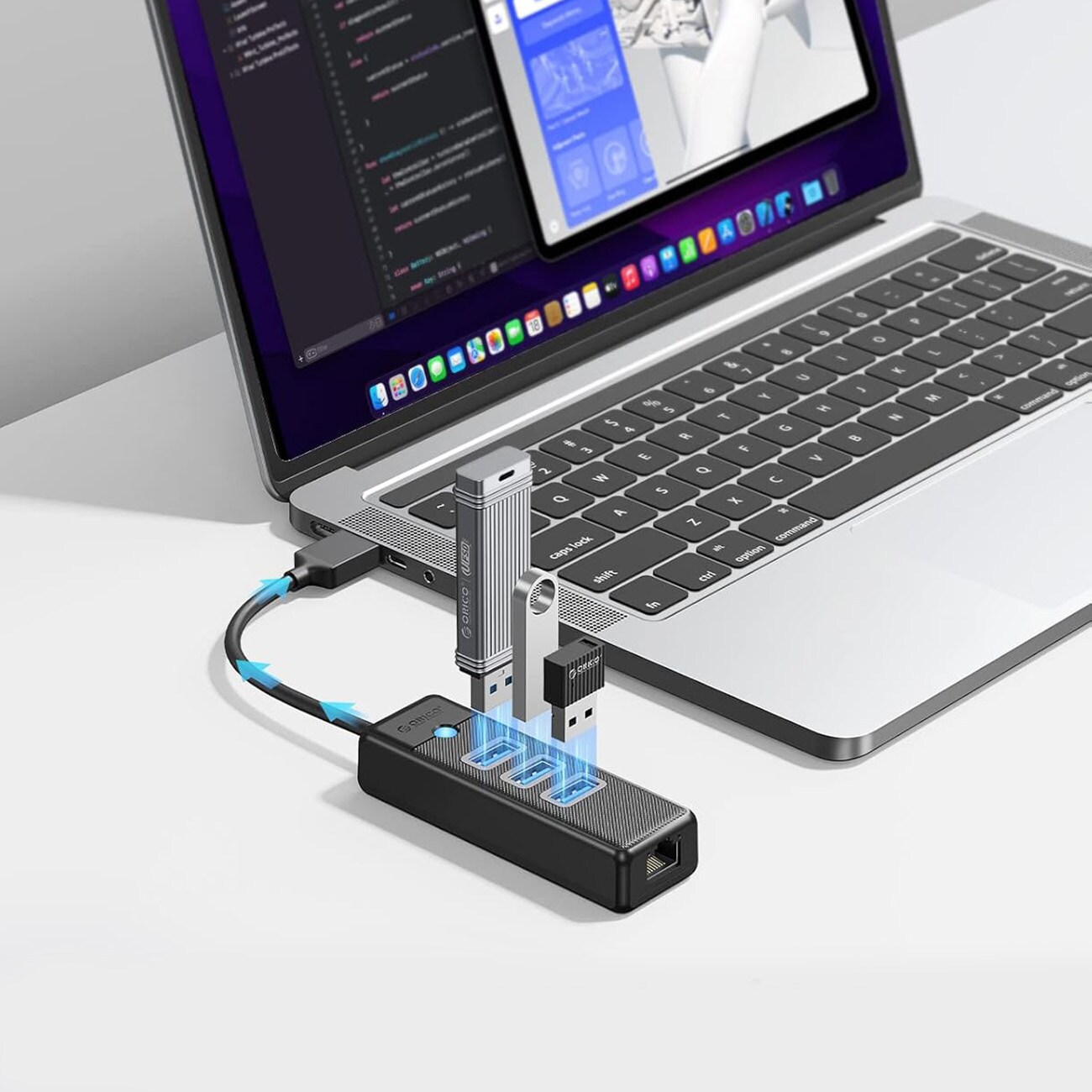 Orico PW3UR25-U3 USB-hub med 4 porte: 3 x USB-A 3.0 og 1 x RJ45 2,5G Ethernet, 0,15 m – sort