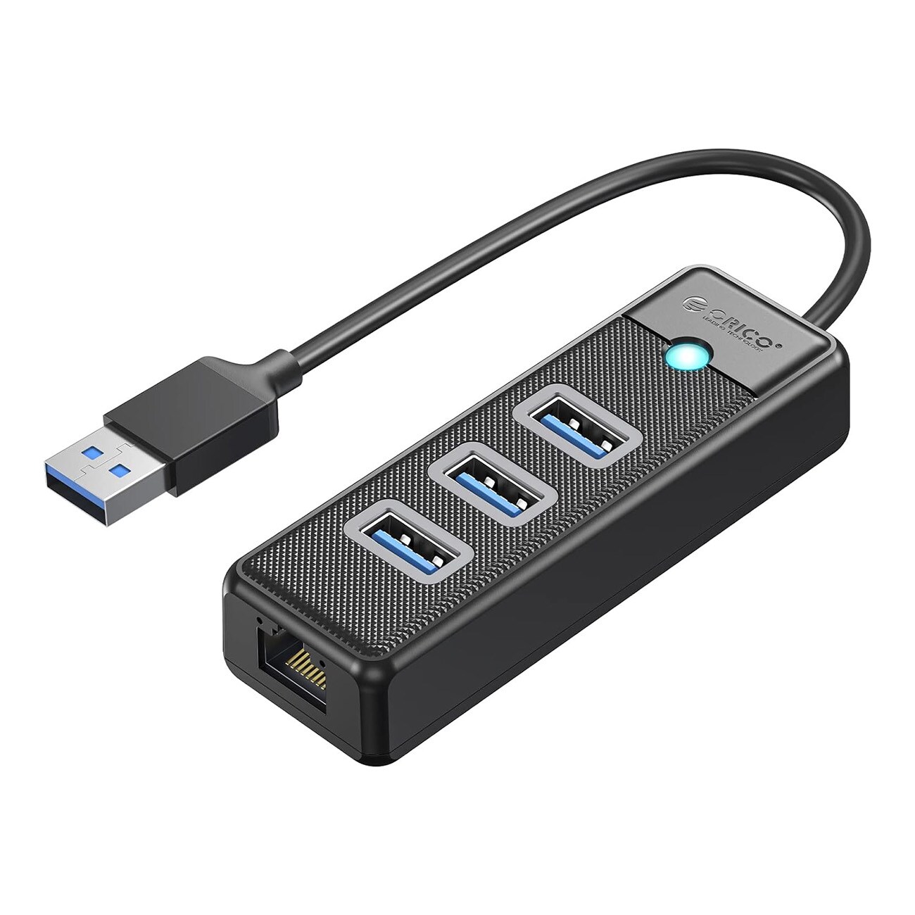 Orico PW3UR25-U3 USB-hub med 4 porte: 3 x USB-A 3.0 og 1 x RJ45 2,5G Ethernet, 0,5 m – sort