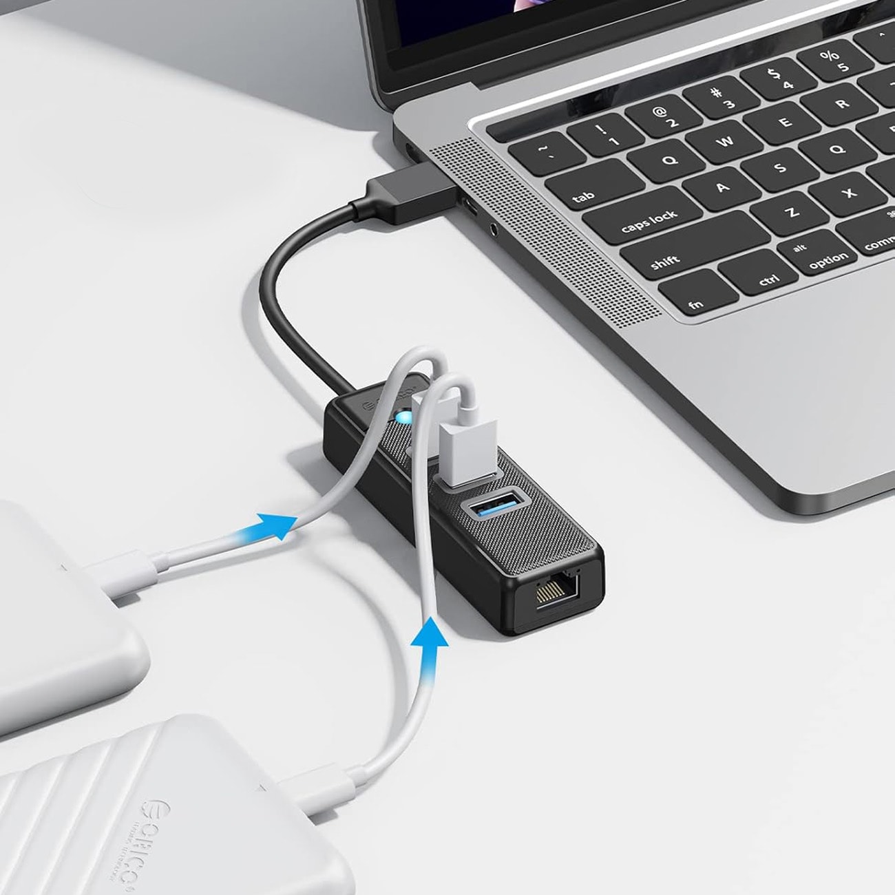 Orico PW3UR25-U3 USB-hub med 4 porte: 3 x USB-A 3.0 og 1 x RJ45 2,5G Ethernet, 0,5 m – sort
