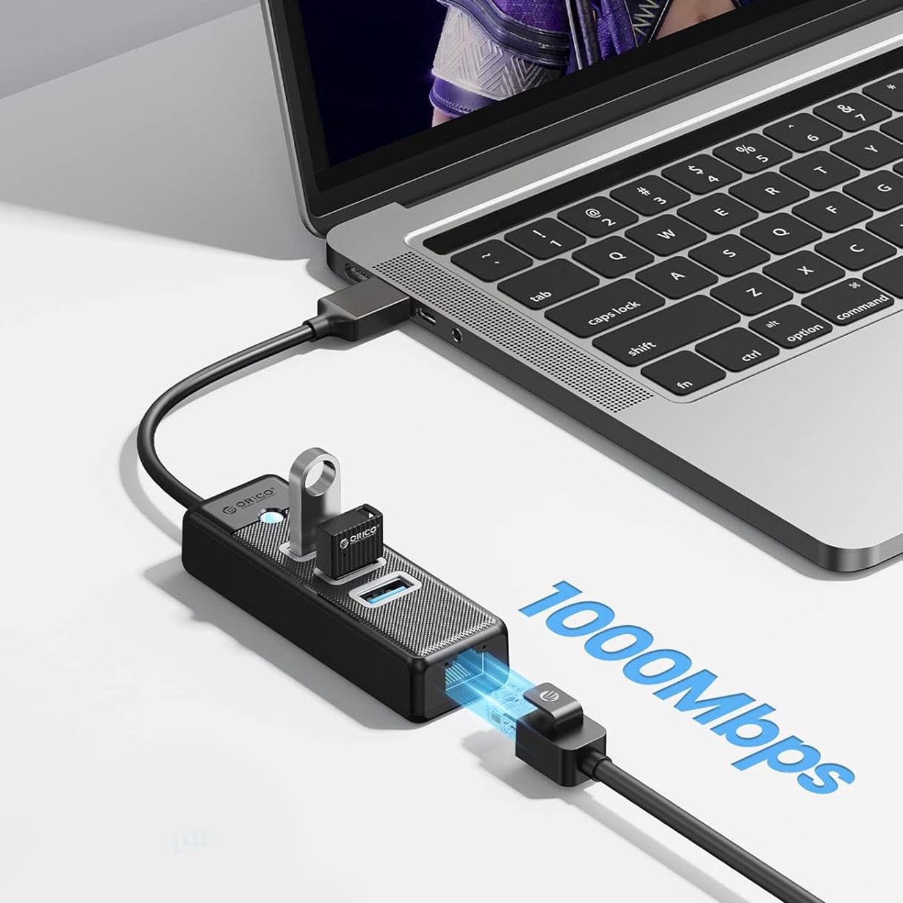 Orico PW3UR25-U3 USB-hub med 4 porte: 3 x USB-A 3.0, 1 x RJ45 2,5G Ethernet, 1 m – sort