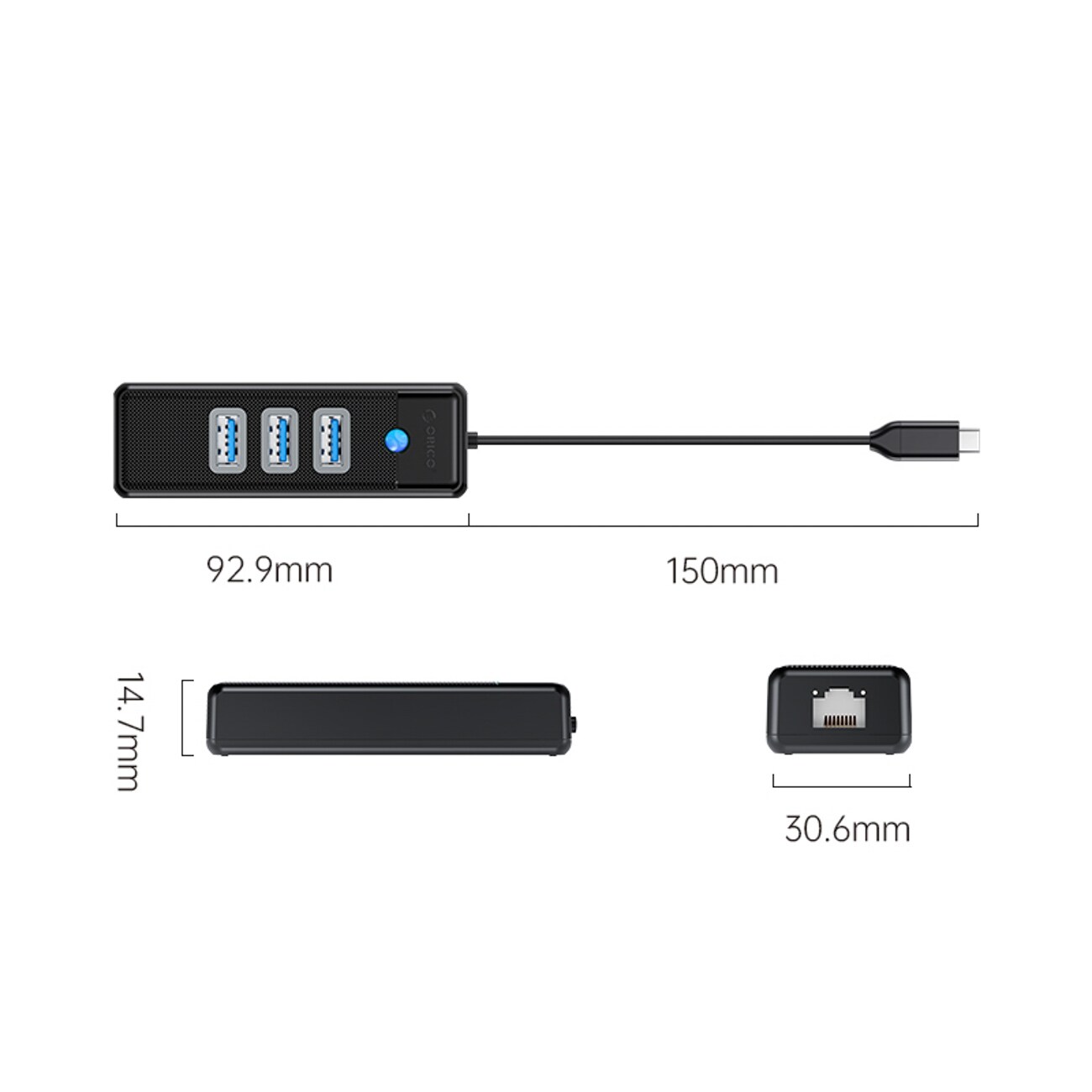 Orico PW3UR25-C3 USB-hub med 4 porte: 3 x USB-A 3.0 og 1 x RJ45 2,5G Ethernet, 0,15 m – sort