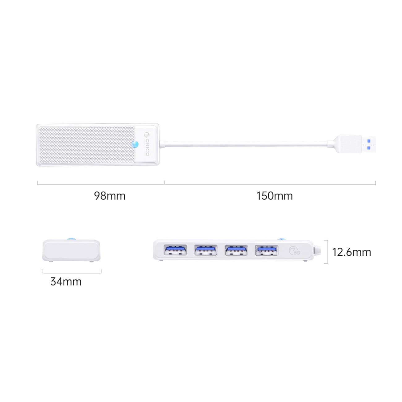 Orico PAPW4A-U3 USB-hub med 4 porte (4x USB-A 3.0), 0,15 m – hvid
