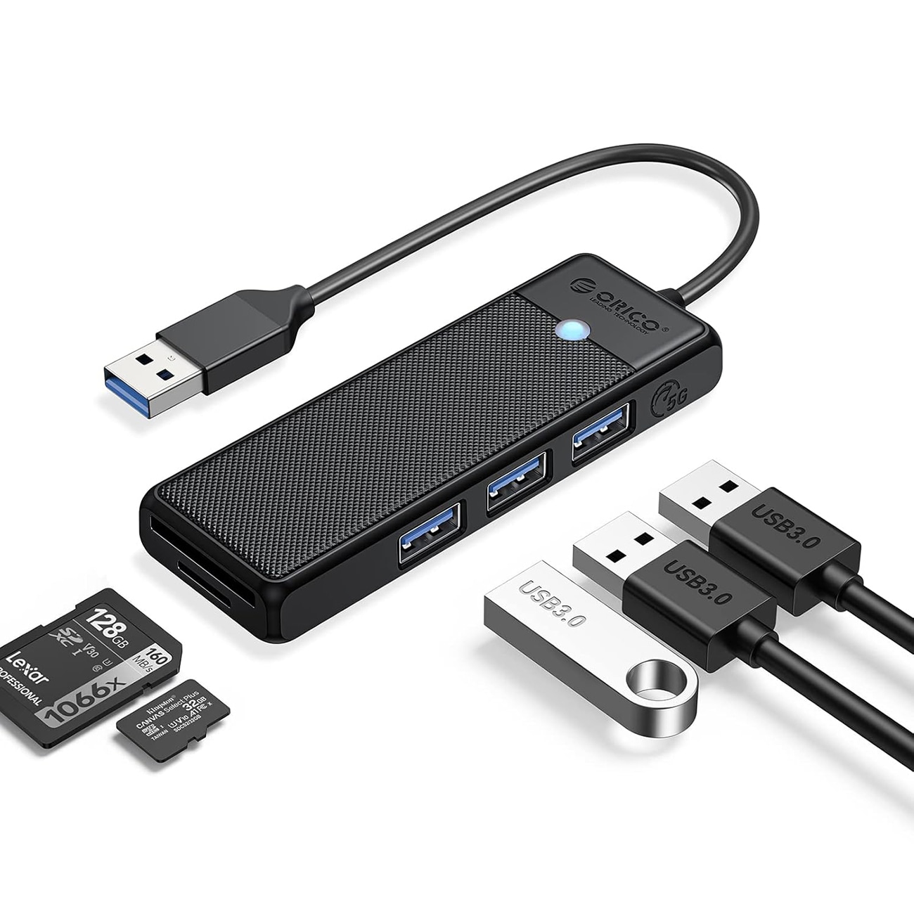 Orico PAPW3AT-U3 USB-hub med 4 porte (3x USB-A 3.0) og microSD/SD-kortlæser, 1 m – sort