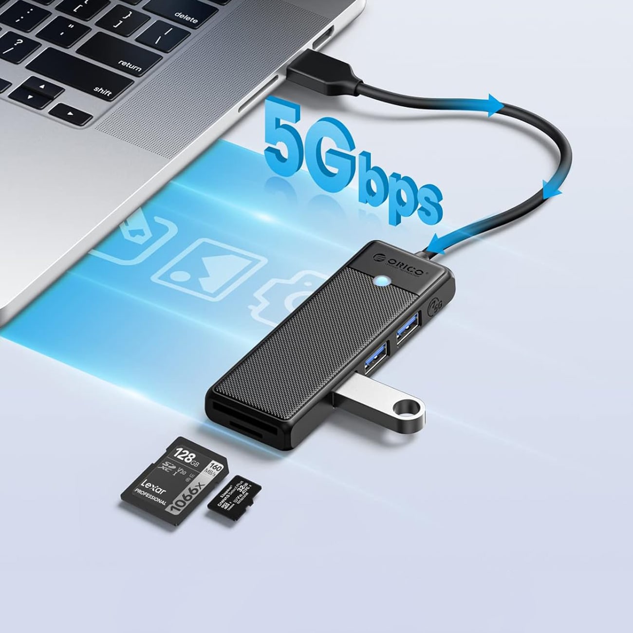 Orico PAPW3AT-U3 USB-hub med 4 porte (3x USB-A 3.0) og microSD/SD-kortlæser, 1 m – sort