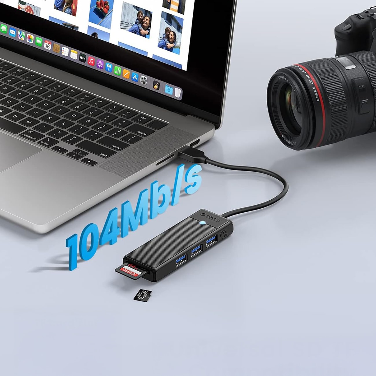 Orico PAPW3AT-U3 USB-hub med 4 porte (3x USB-A 3.0) og microSD/SD-kortlæser, 1 m – sort