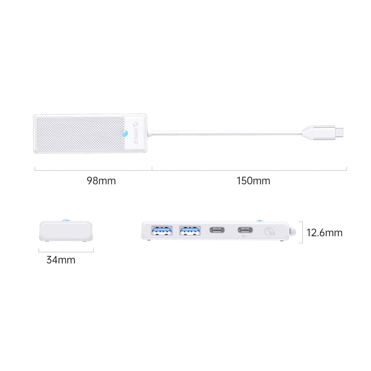 Orico PAPW2AC-C3 USB-hub 4 porte: 2x USB-A 3.0, 1x USB-C 3.0 + USB-C PD 100W, 0,15 m, hvid