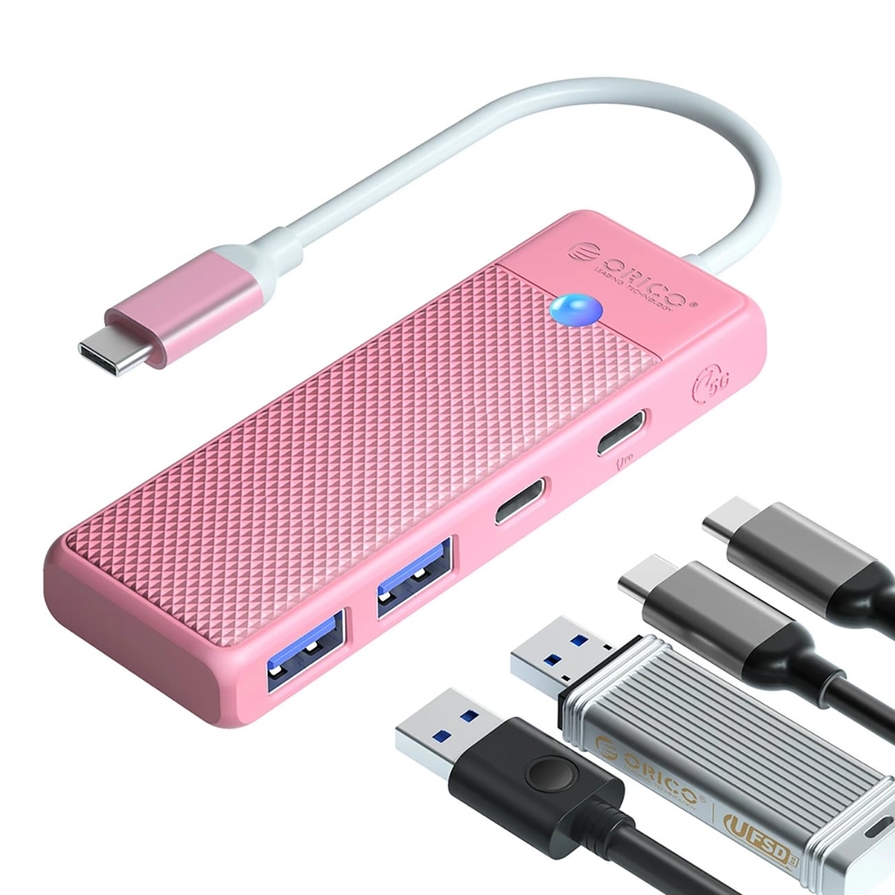 Orico PAPW2AC-C3-C3 USB-hub 4 porte: 2x USB-A 3.0, 1x USB-C 3.0, PD 100W, 0,15 m, lyserød