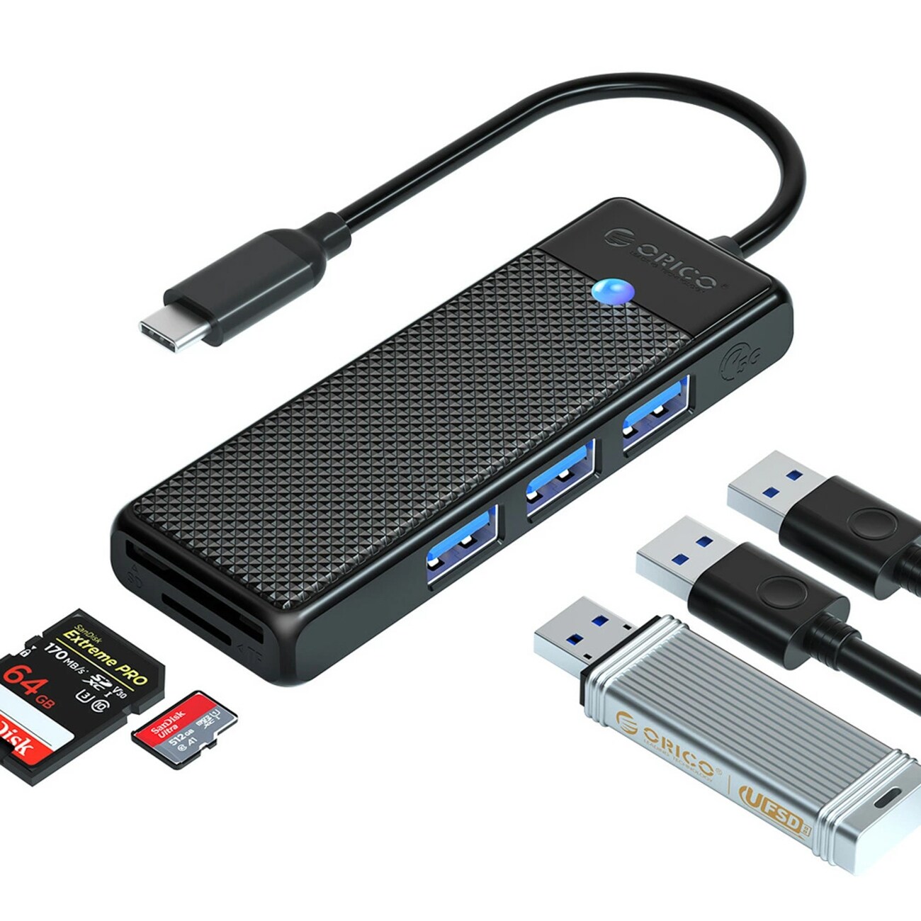 Orico PAPW3AT-C3 USB-hub med 4 porte (3x USB-A 3.0) og microSD/SD-kortlæser, 0,15 m – sort
