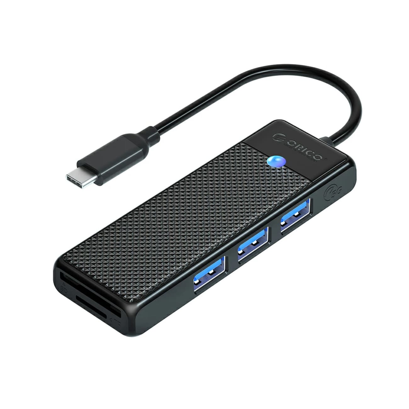 Orico PAPW3AT-C3 USB-hub med 4 porte (3x USB-A 3.0) og microSD/SD-kortlæser, 1 m – sort