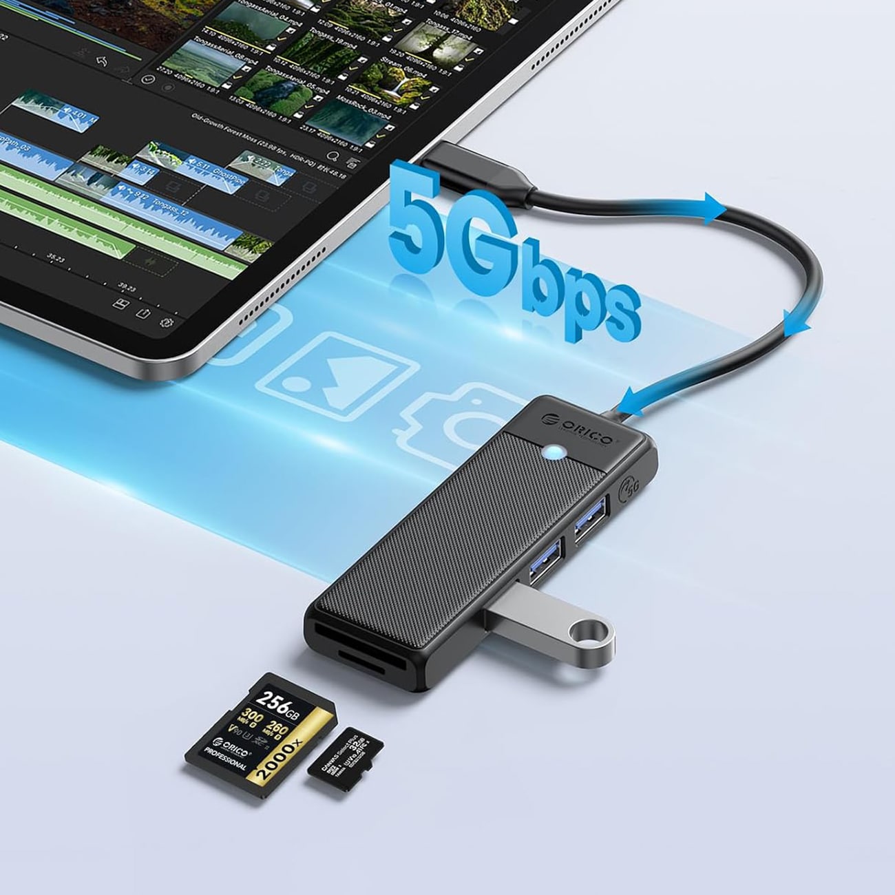 Orico PAPW3AT-C3 USB-hub med 4 porte (3x USB-A 3.0) og microSD/SD-kortlæser, 1 m – sort