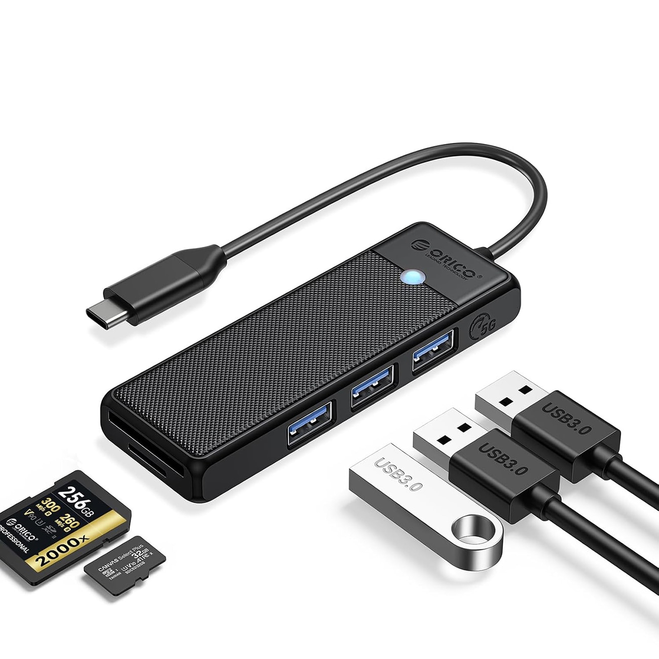 Orico PAPW3AT-U3 USB-hub med 4 porte (3x USB-A 3.0) og microSD/SD-kortlæser, 1,8 m – sort
