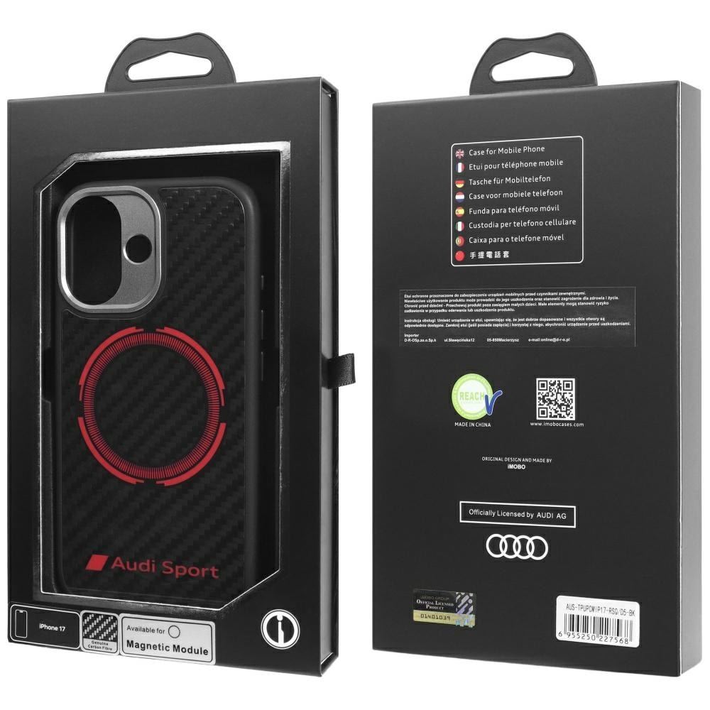 Audi RSQ MagSafe-etui i kulfiber med rød cirkel til iPhone 17 – sort
