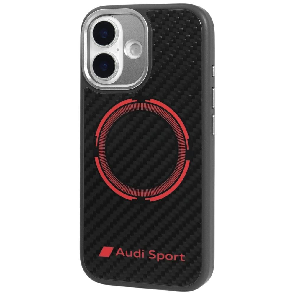 Audi RSQ MagSafe-etui i kulfiber med rød cirkel til iPhone 17 – sort
