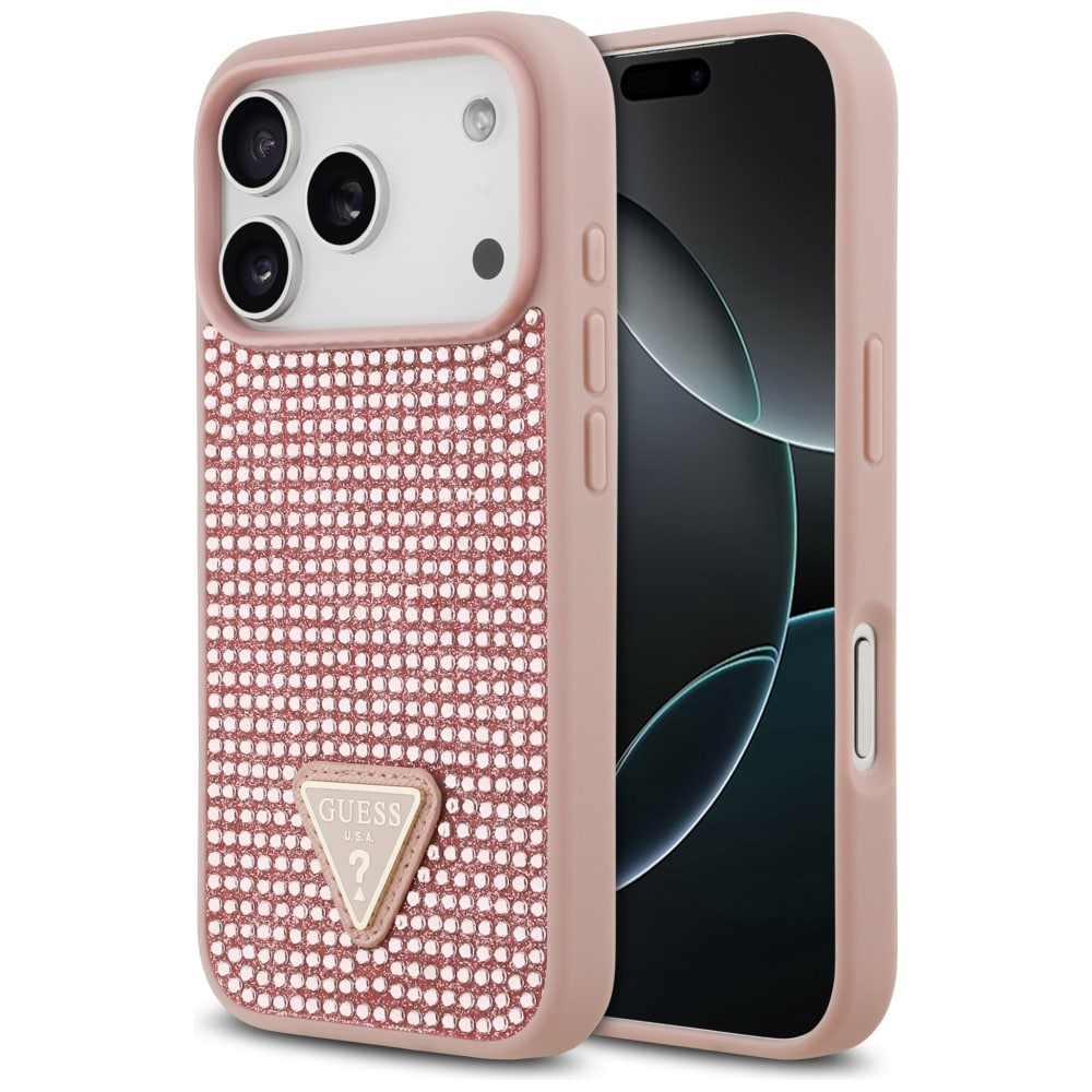 Guess iPhone 17 Pro-etui med trekantet logo med rhinestones – lyserød