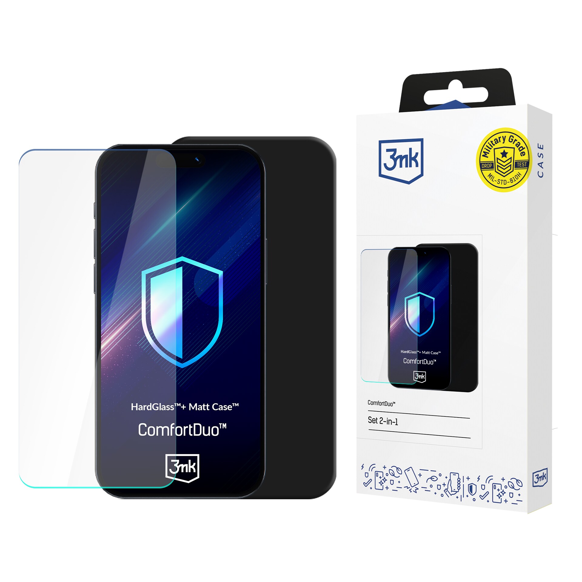 HardGlass™-sæt med hærdet glas og Matt Case™ 3mk ComfortDuo til Samsung Galaxy A17 5G – Sort