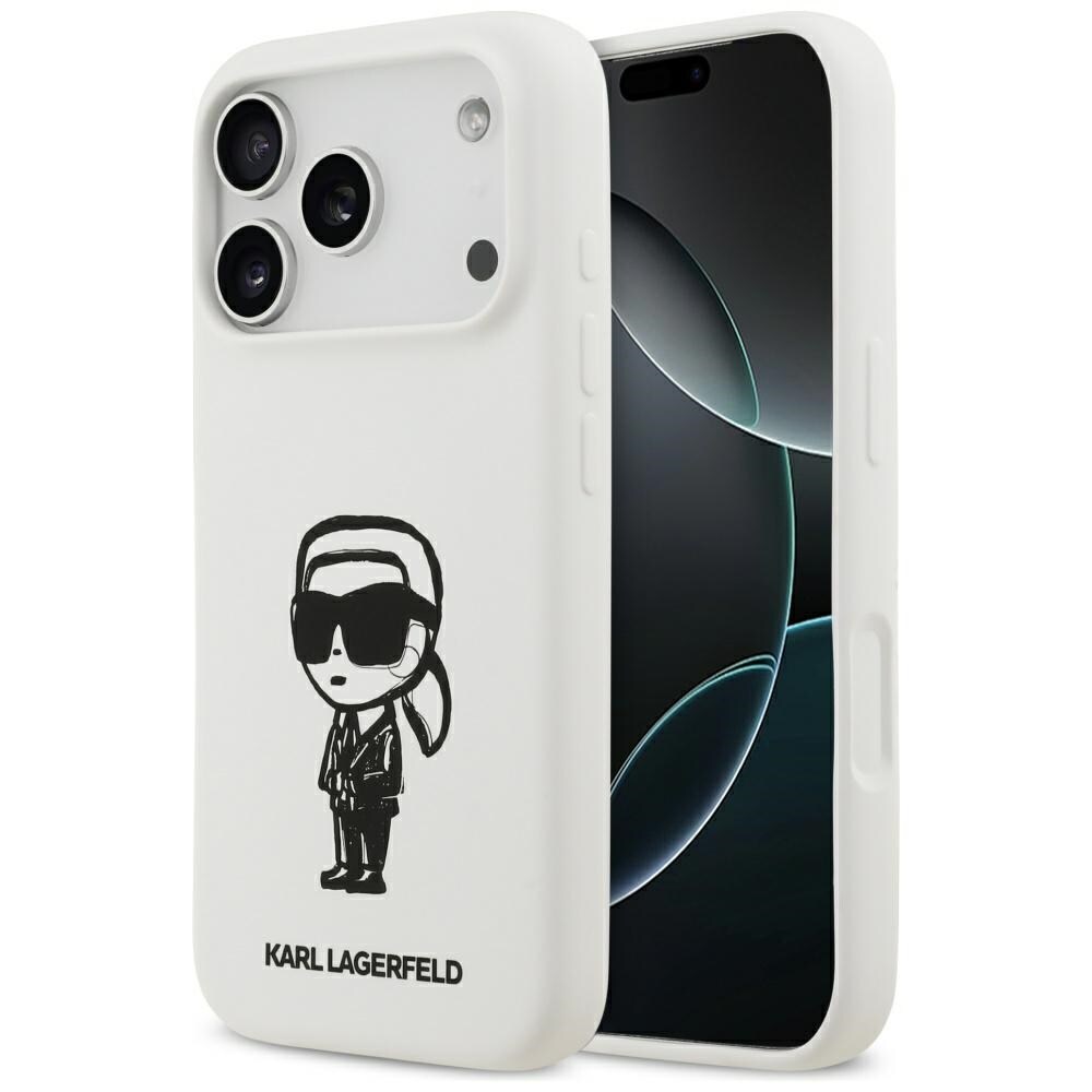 Karl Lagerfeld silikone-etui med Karl-skitse og logo til iPhone 17 Pro – hvid