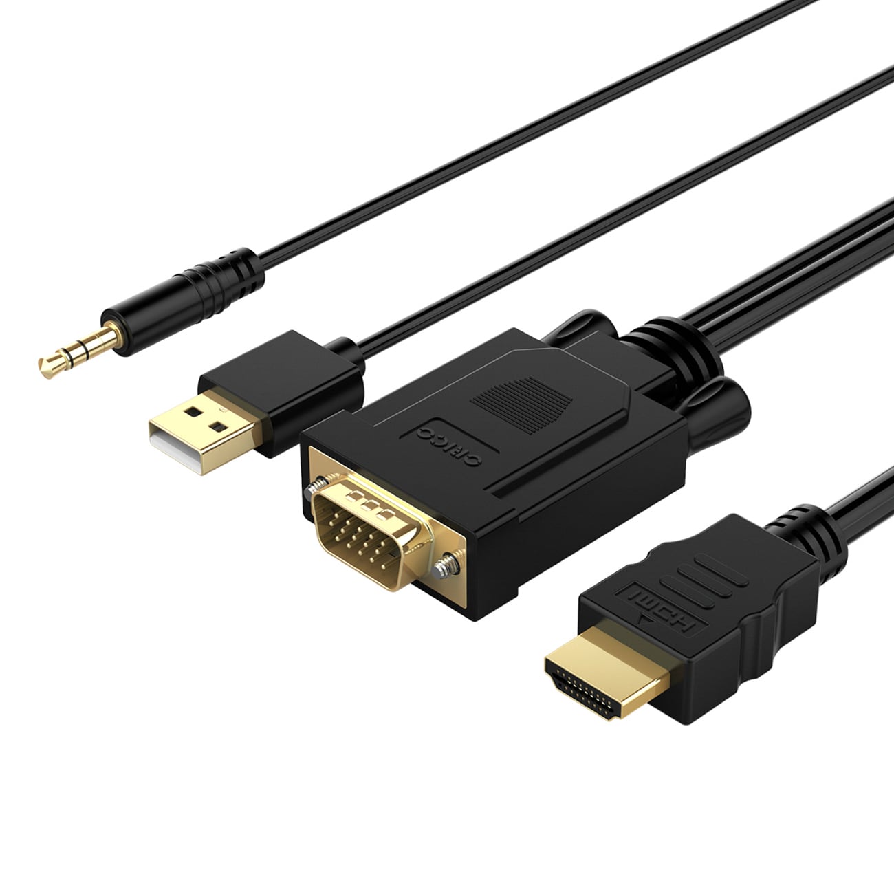 Orico XD-VATH VGA + 3,5 mm mini-jack til HDMI Full HD 60 Hz-kabel m/USB-strøm, 5 m, sort